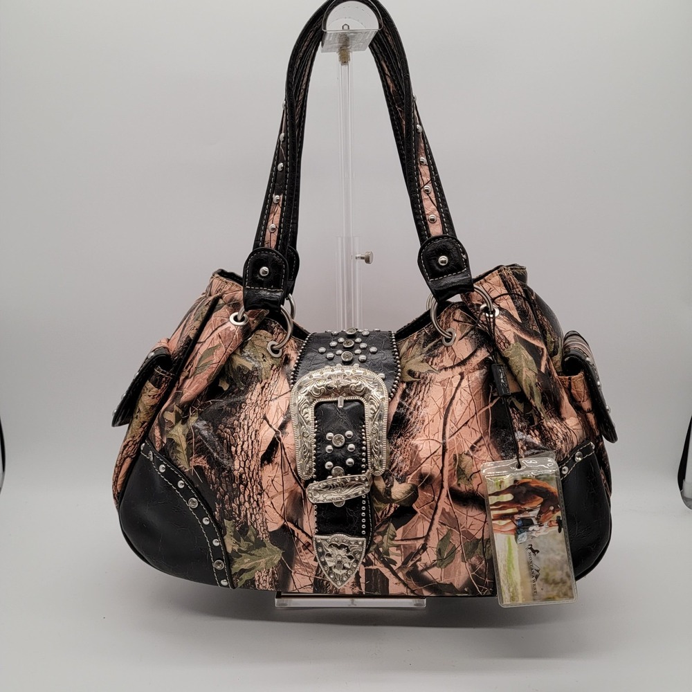 Realtree Pink Camo Western Shoulder Bag Rhinestone Buckle Black Montana West
